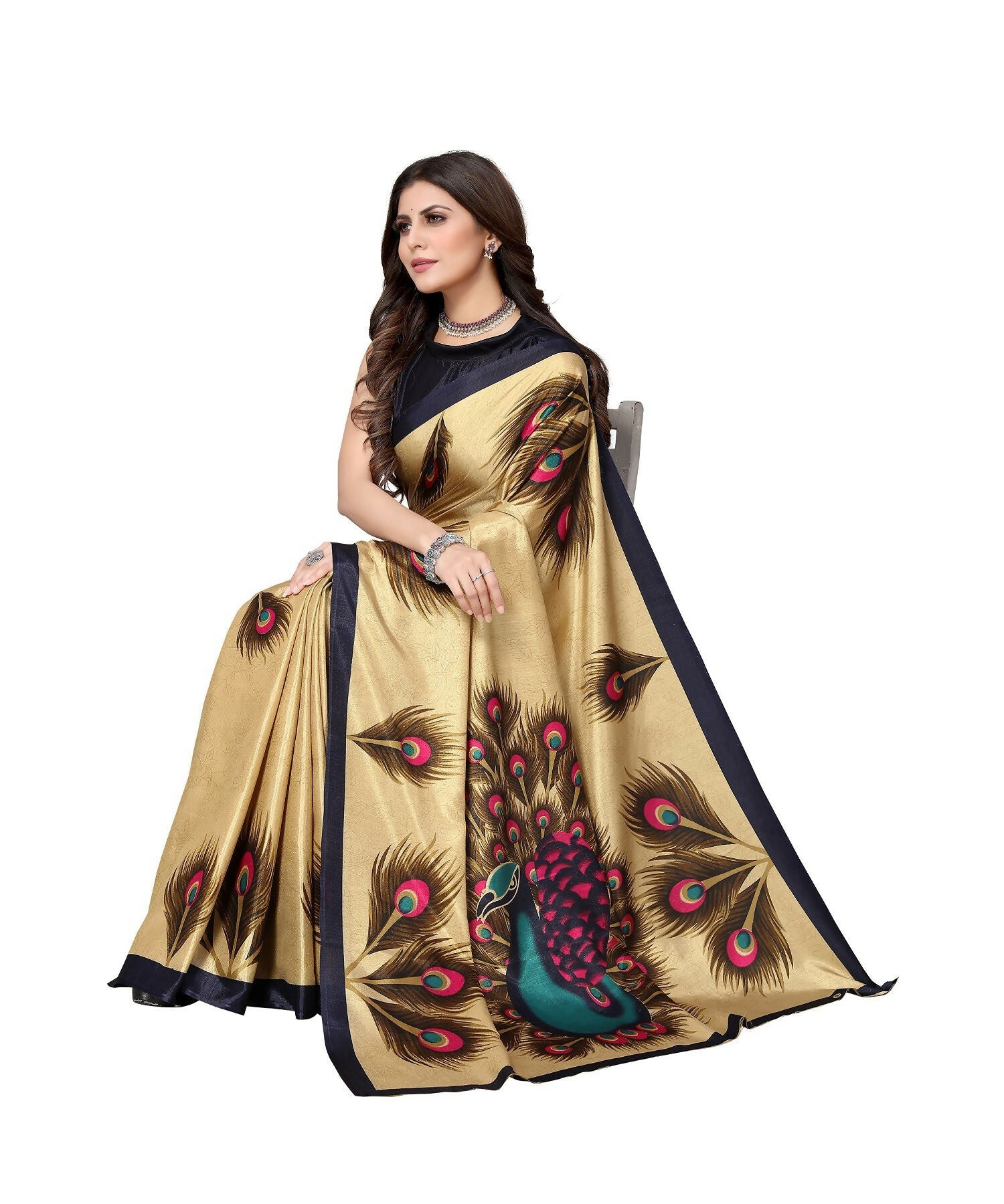 Vamika Golden Cream Printed Art Silk Saree - Distacart