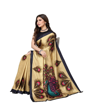 Vamika Golden Cream Printed Art Silk Saree - Distacart