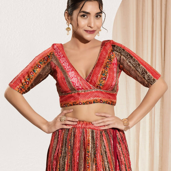Joban Fashion Maroon Multi Brocade Padded Blouse With V Neck Elbow Sleeves - Distacart