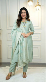 Thumbnail for Preksha Creation Premium C Green Roman Silk Hand Work Kurti Pant Dupatta Set