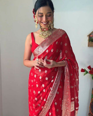 Malishka Cotton Silk Jacquard Ready To Wear Saree With Blouse Piece - Red - Distacart
