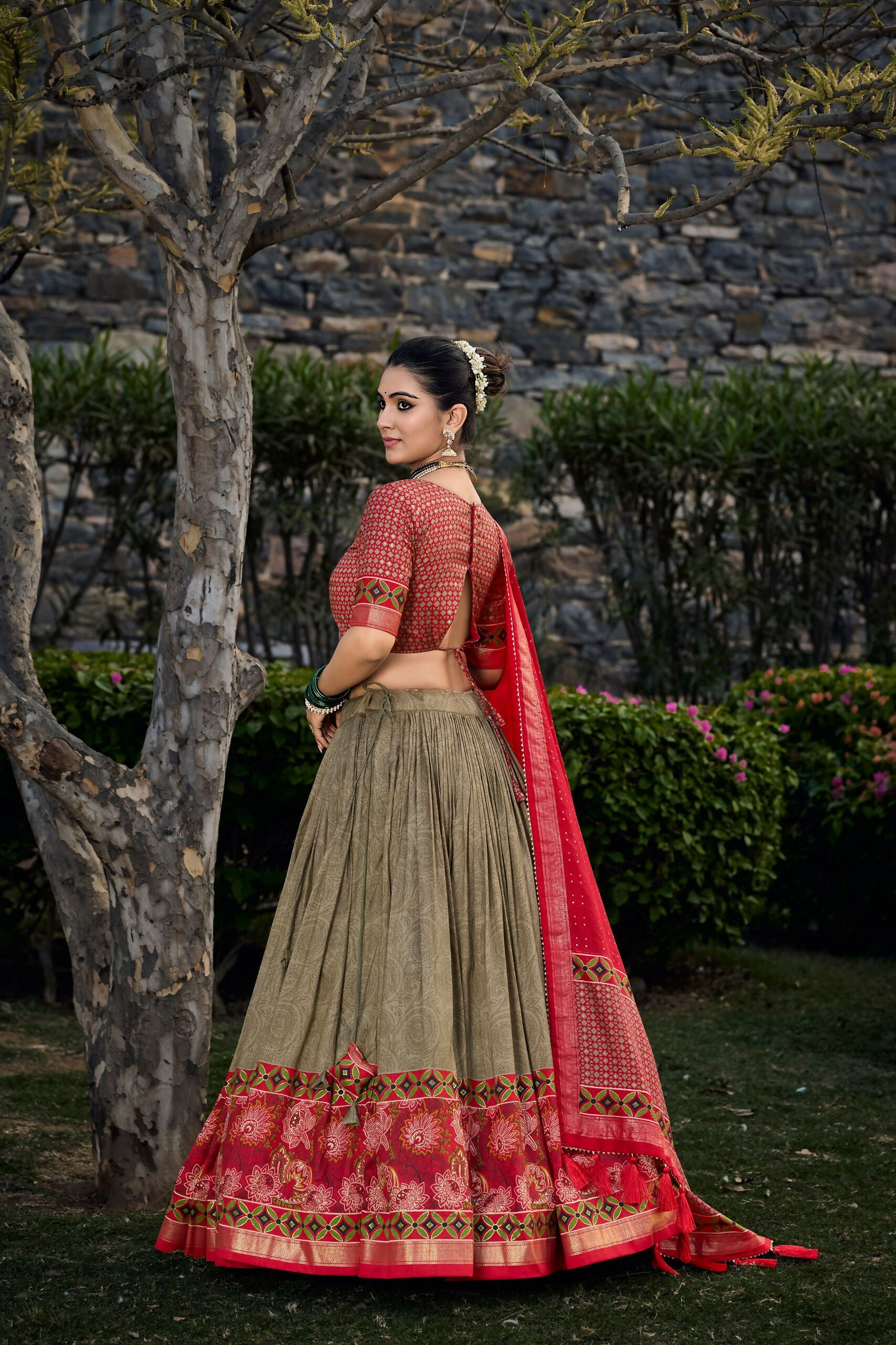 Vastranavya Floral Print With Foil Print Tussar Silk Lehenga With Unstitched Blouse - Mehendi - Distacart