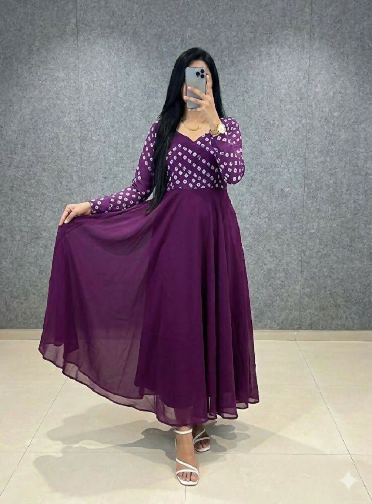 Teeya Creation Women's Wine Bandhani Print Anarkali Gown - Dista