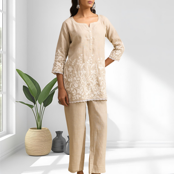 Joban Fashion Beige Linen Embroidered Readymade Cord Set - Distacart