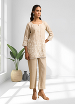 Thumbnail for Joban Fashion Beige Linen Embroidered Readymade Cord Set - Distacart