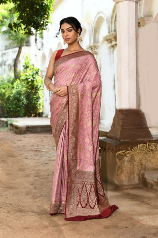 Joban Fashion Nude Pink Crepe Chiffon Pure Handloom Banarasi Silk Saree