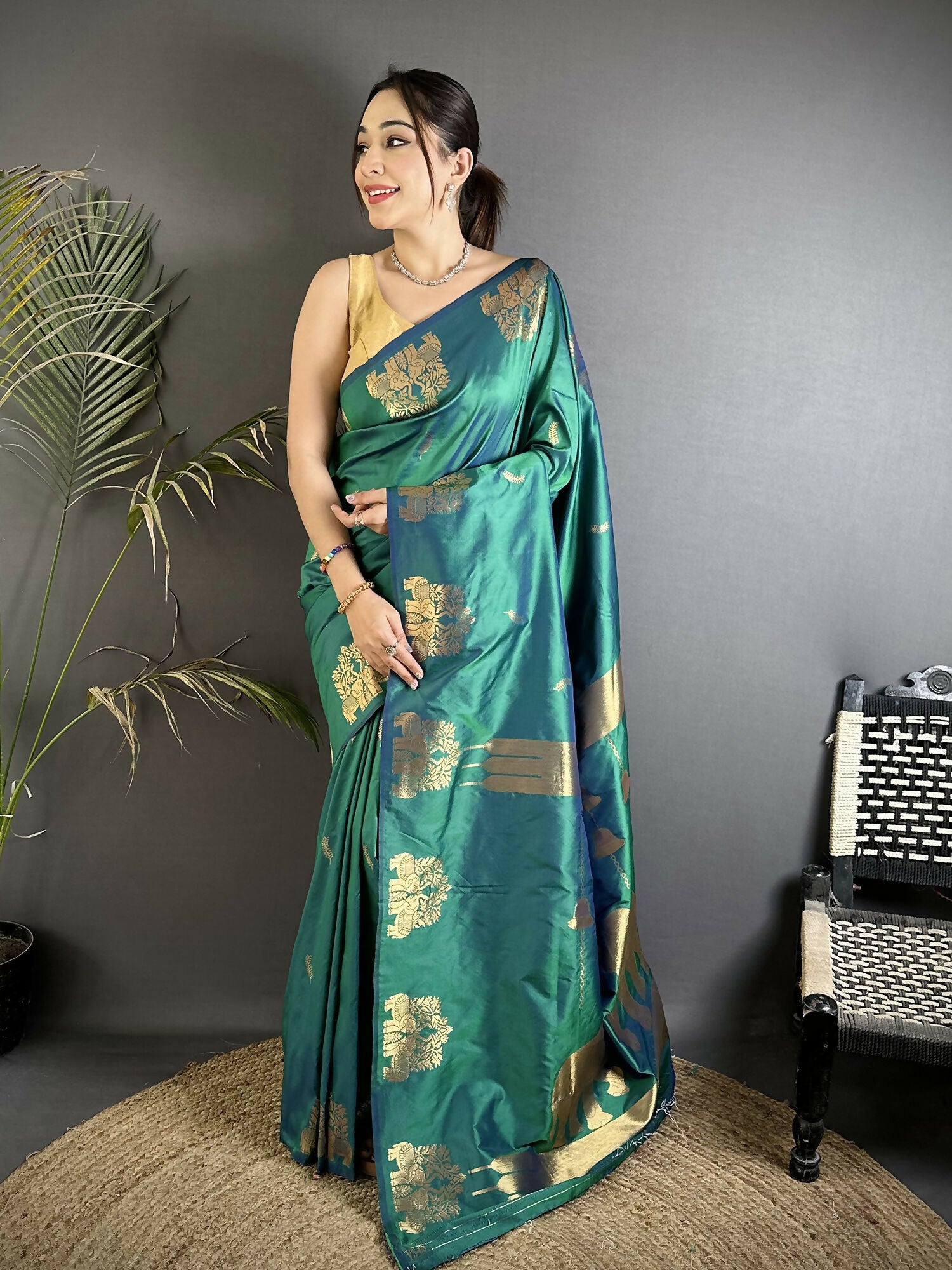 Joban Fashion Dark Teal Motifs Zari Weaving Soft Silk Banarasi Saree - Dista