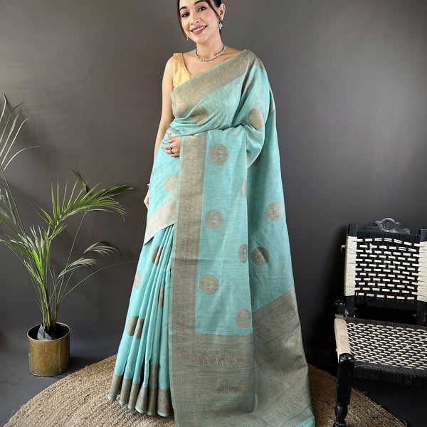 Joban Fashion Sky Blue Floral & Paisley Linen Silk Banarasi Saree - Distacart