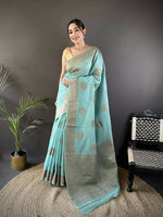 Thumbnail for Joban Fashion Sky Blue Floral & Paisley Linen Silk Banarasi Saree - Distacart