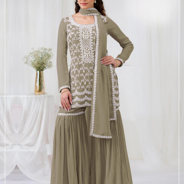 Anaita Mehendi Faux Georgette Stitched Suit with Embroidery Cotton Thread & Sequence Work - Distacart