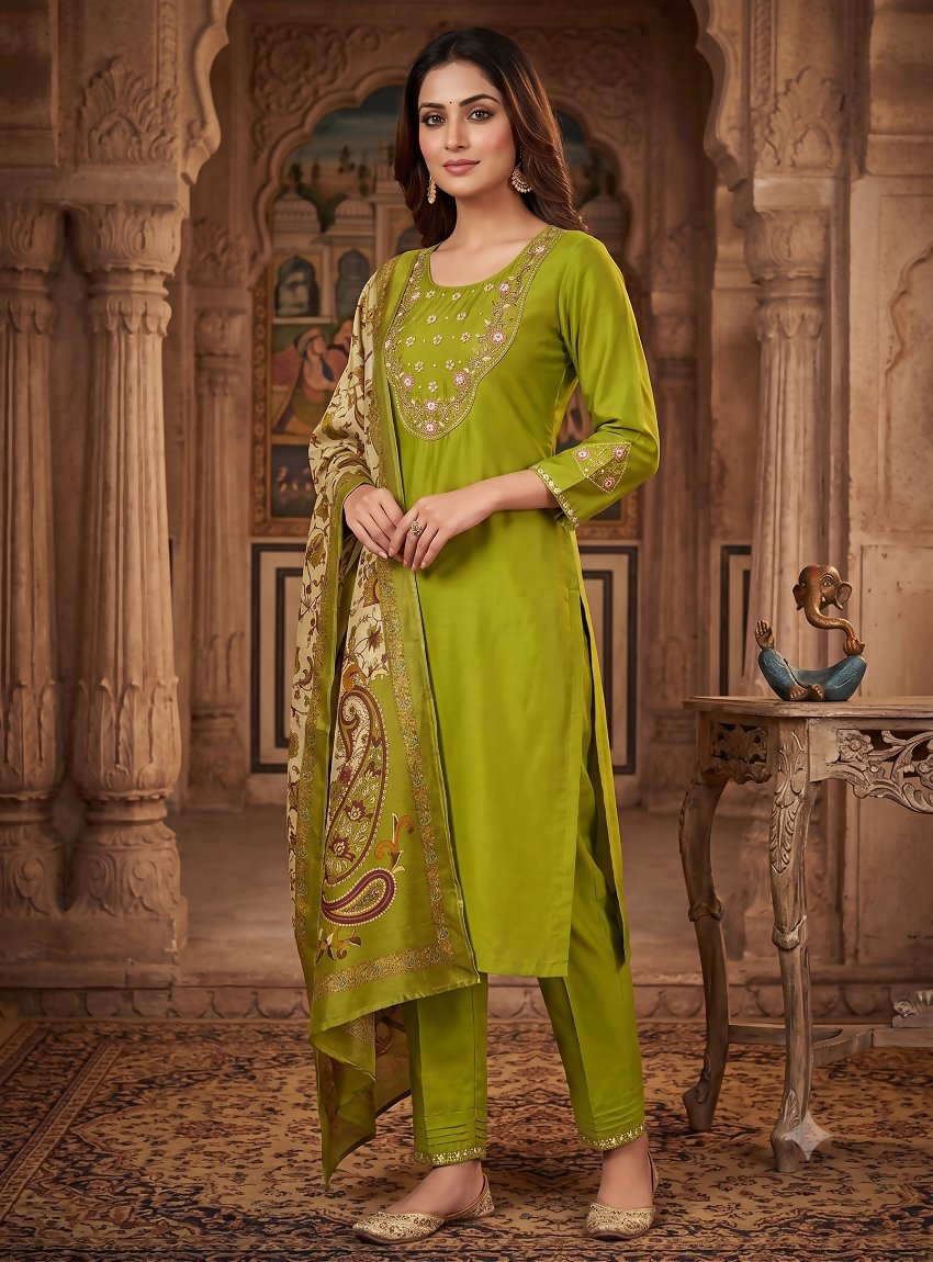 Teeya Creation Women Olive Green Embroidered Kurta Pant Set With Dupatta - Dista