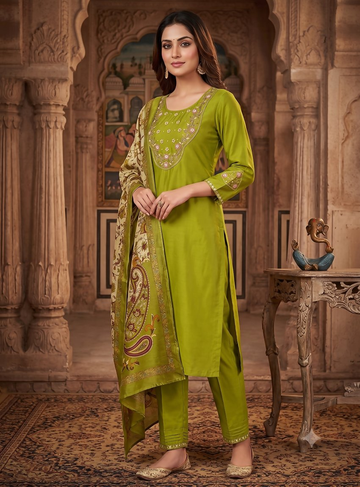 Teeya Creation Women Olive Green Embroidered Kurta Pant Set With Dupatta - Dista
