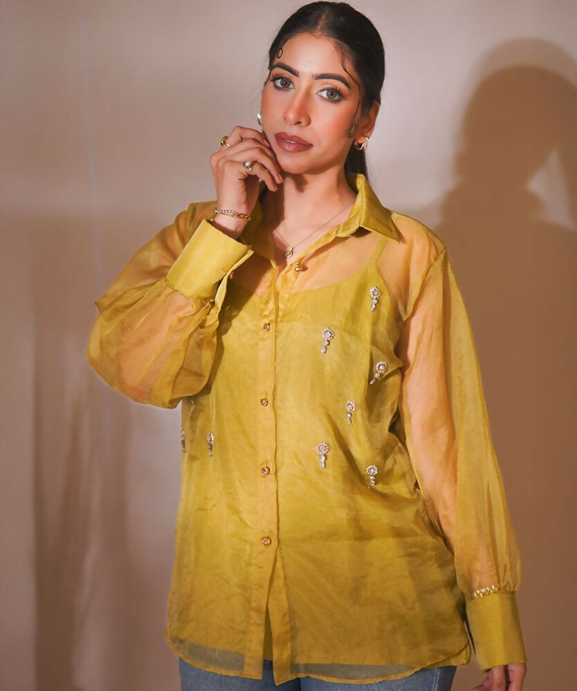 Timaraa Olive Glow Organza Hand-Embellished Shirt - Dista