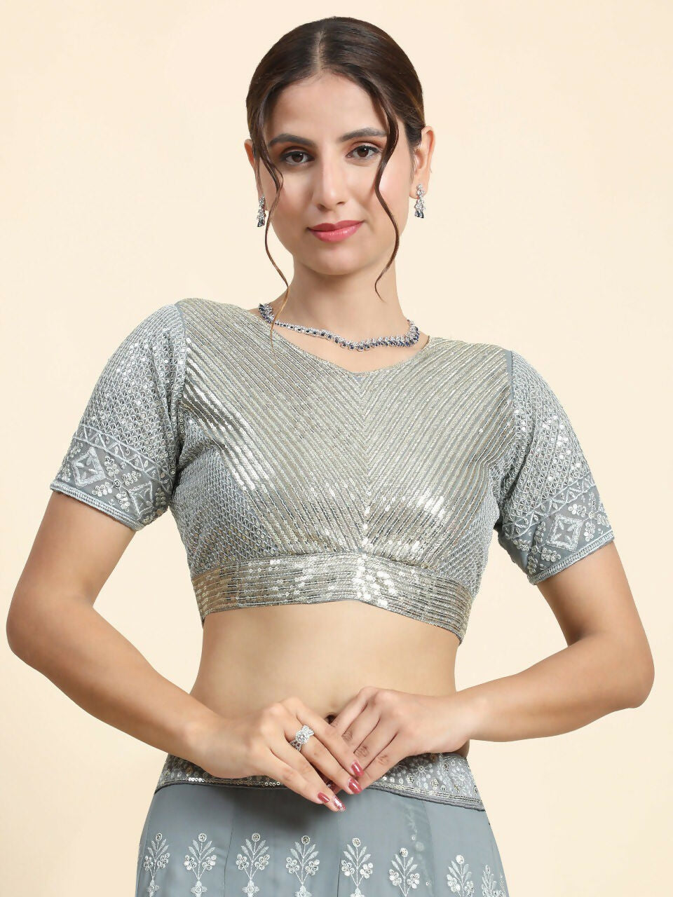 Jyoti Fashion Mesmerizing Grey Faux Georgette 3MM Sequins with Thread & Jari Embroidery Lehenga Choli with Dupatta - Distacart
