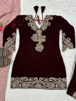 Thumbnail for Vastranavya Wine Viscose Velvet Cording Sequence Embroidery Work Suit-Bottom With Dupatta - Distacart