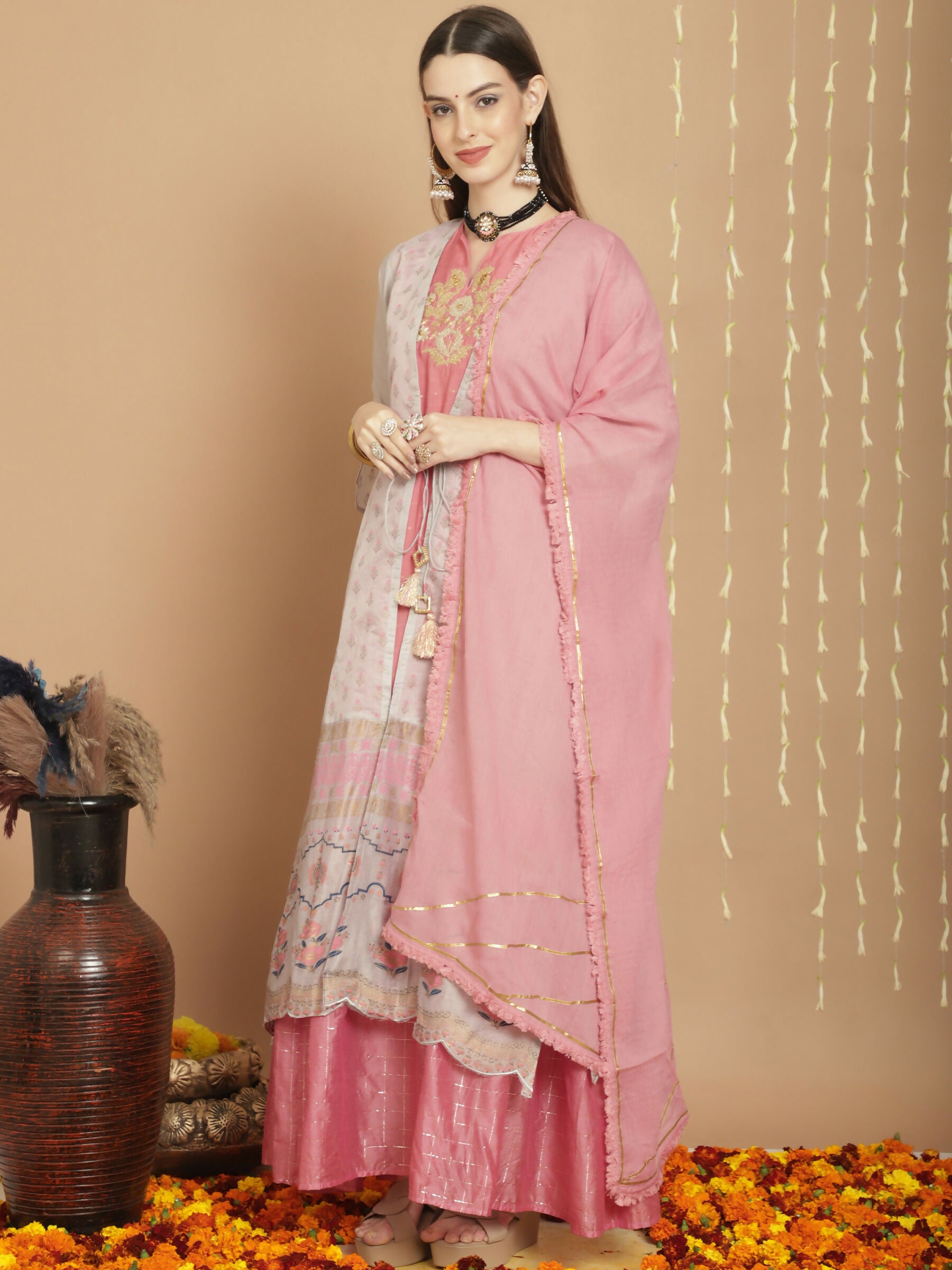Jyoti Fashion Women's Grey Chanderi Silk Elegant Jardoshi Semi Kurta with Trouser & Dupatta - Distacart