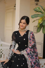 Thumbnail for Jyoti Fashion Women's Black Faux Georgette Sequins Zari Embroideredy Anarkali Dress with Dupatta - Distacart