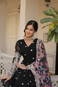 Thumbnail for Jyoti Fashion Women's Black Faux Georgette Sequins Zari Embroideredy Anarkali Dress with Dupatta - Distacart
