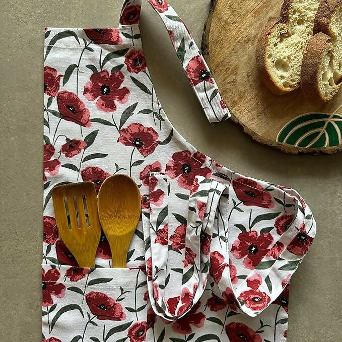 Oak & Lily 100% Cotton Kitchen Apron-Red Poppy Flower - Dista