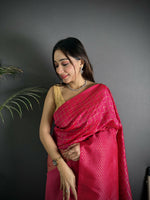 Thumbnail for Joban Fashion Hot Pink Banarasi Soft Lichi Silk Checks & Woven Saree - Distacart