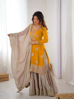 Thumbnail for Lehenga Mart Designer Sharara Suit With Kurta, Sharara, Dupatta For Women-Yellow - Distacart