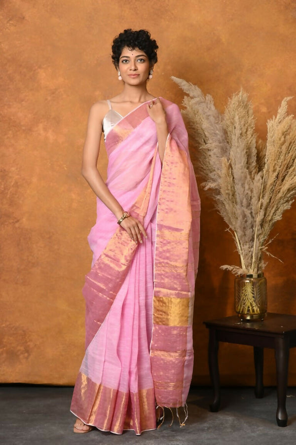 Very Much Indian Handloom Pure Cotton Linen Saree With Golden Border - Pink - Distacart