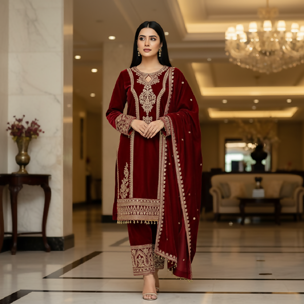 Teeya Creation Maroon Color Velvet Fabric Designer Embroidery Work Suit
