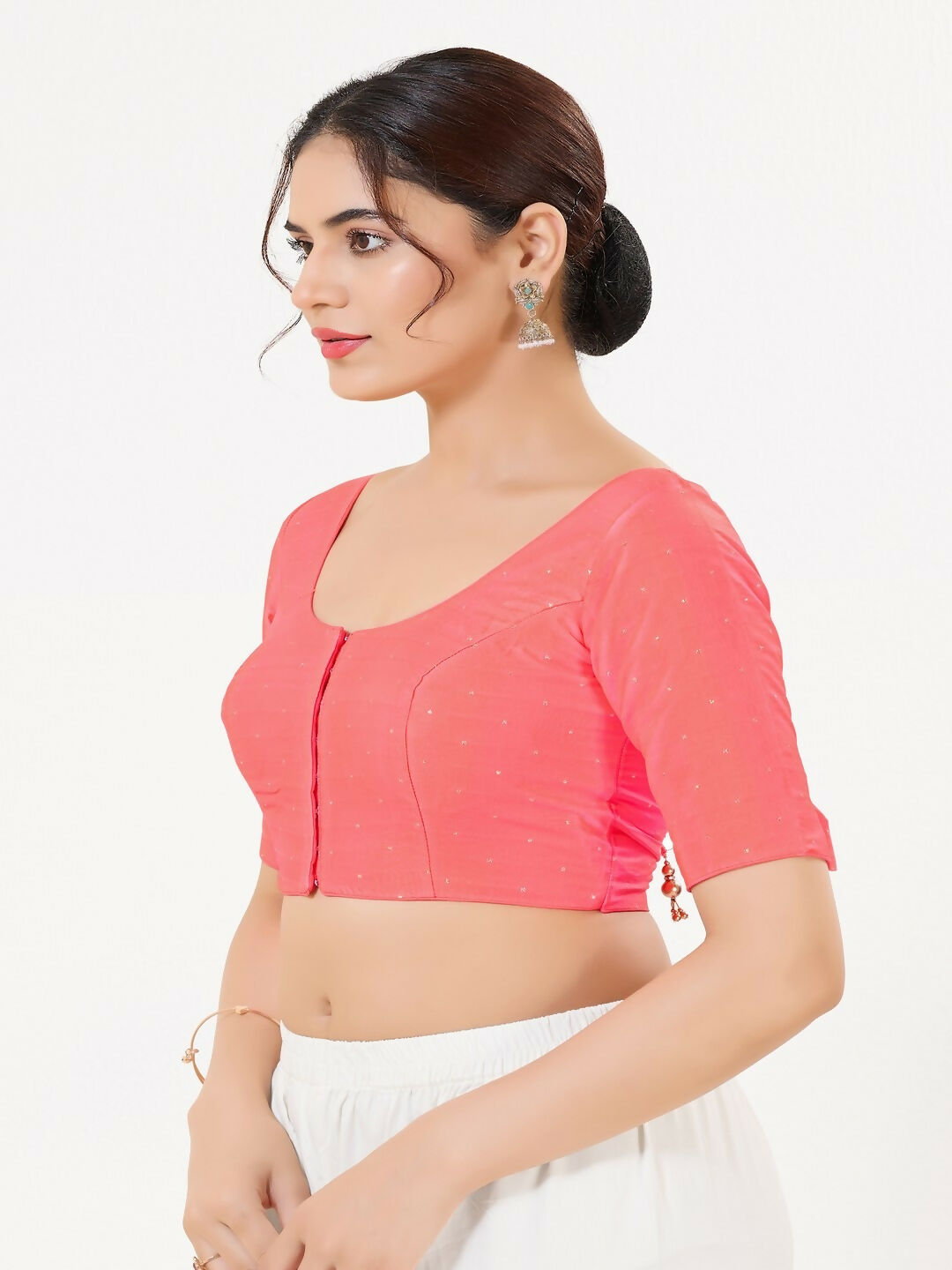 Joban Fashion Fuschia-Pink Taffeta Silk Elbow Sleeveless Front Open Blouse