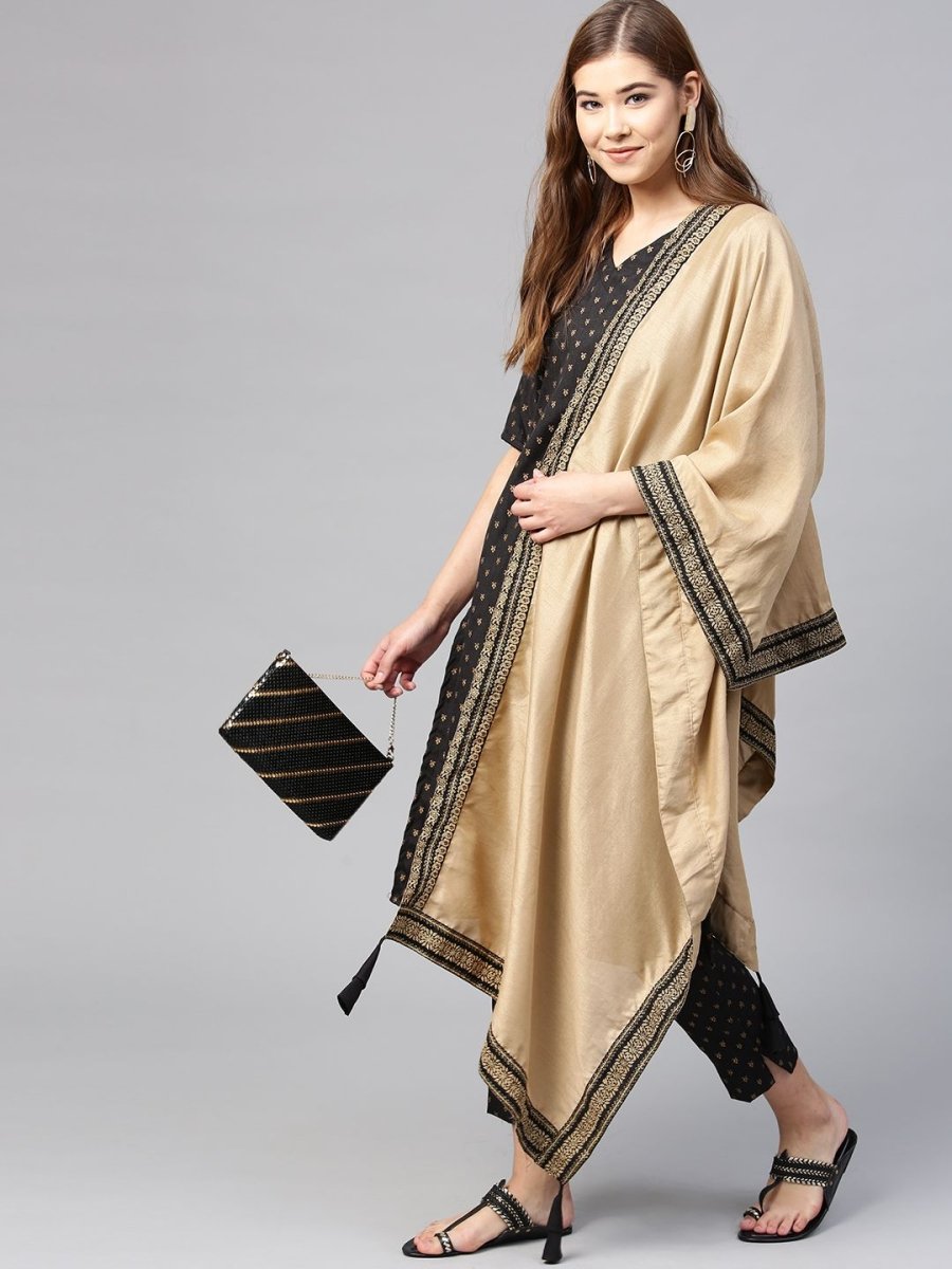 Ahalyaa Women's Black Poly Silk Printed Kurta Pant With Dupatta