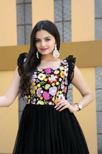 Thumbnail for Jyoti Fashion Women's Black Sequins Thread Embroidery Faux Blooming Anarkali Dress - Distacart