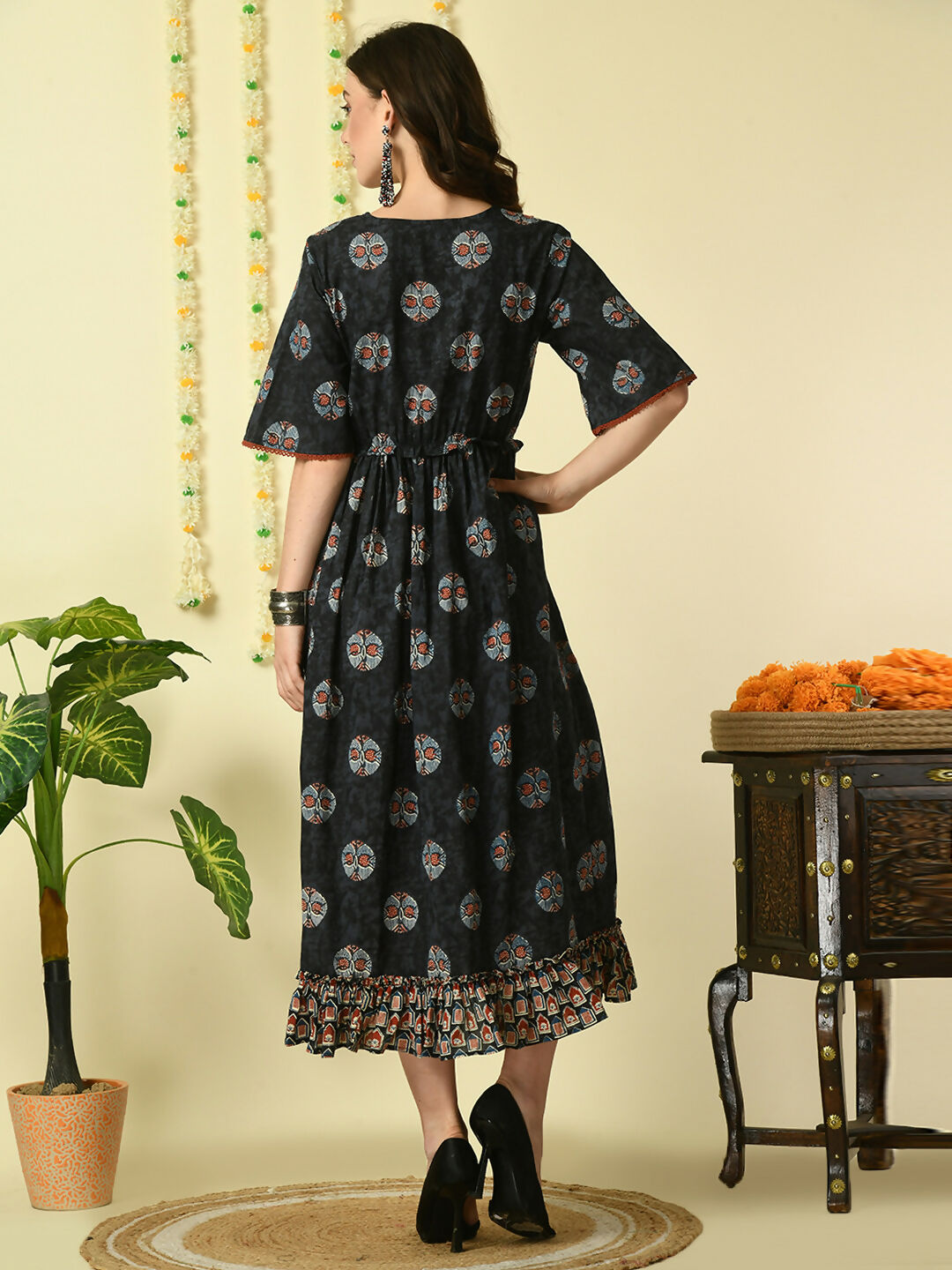 Myshka Women's Black Printed Cotton Party Dress - Distacart