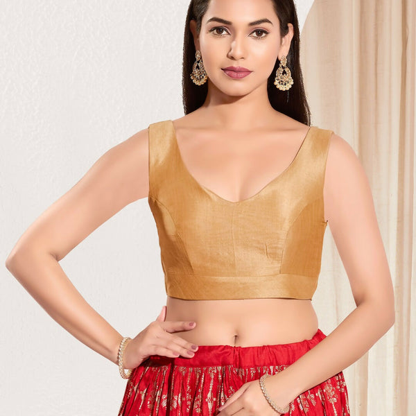 Joban Fashion Gold Mulberry Silk Padded Blouse With Round Neck Sleeveless - Distacart