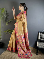 Thumbnail for Joban Fashion Beige Zari Weaving Tissue Paithani Saree - Distacart