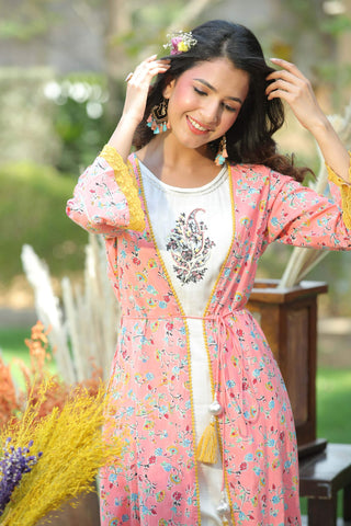 Juniper Coral Floral Printed Cotton Lacy Jacket Style Kurta With Thread Work & Dori At Waist - Distacart