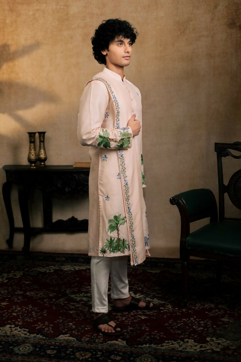 Falling Raw Silk Peach Gajavana Kurta Set By Hilo Design - Distacart