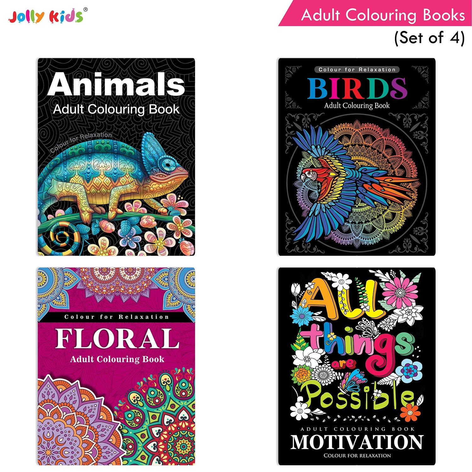 Jolly Kids Adult Colouring Books Set of 4|Adults Colouring Book: Stress Relieving Designs Floral, Animals, Birds & Motivational Quotes Colouring Books - Distacart