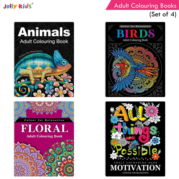 Jolly Kids Adult Colouring Books Set of 4|Adults Colouring Book: Stress Relieving Designs Floral, Animals, Birds & Motivational Quotes Colouring Books