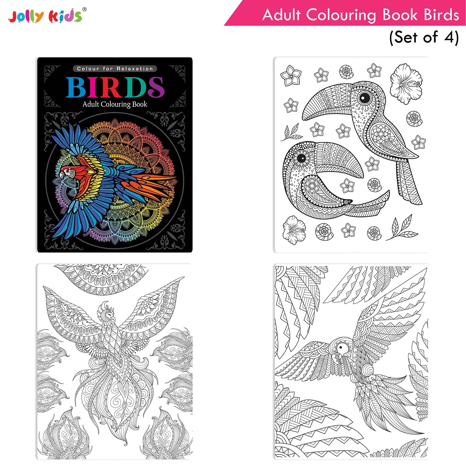 Jolly Kids Adult Colouring Books Set of 4|Adults Colouring Book: Stress Relieving Designs Floral, Animals, Birds & Motivational Quotes Colouring Books