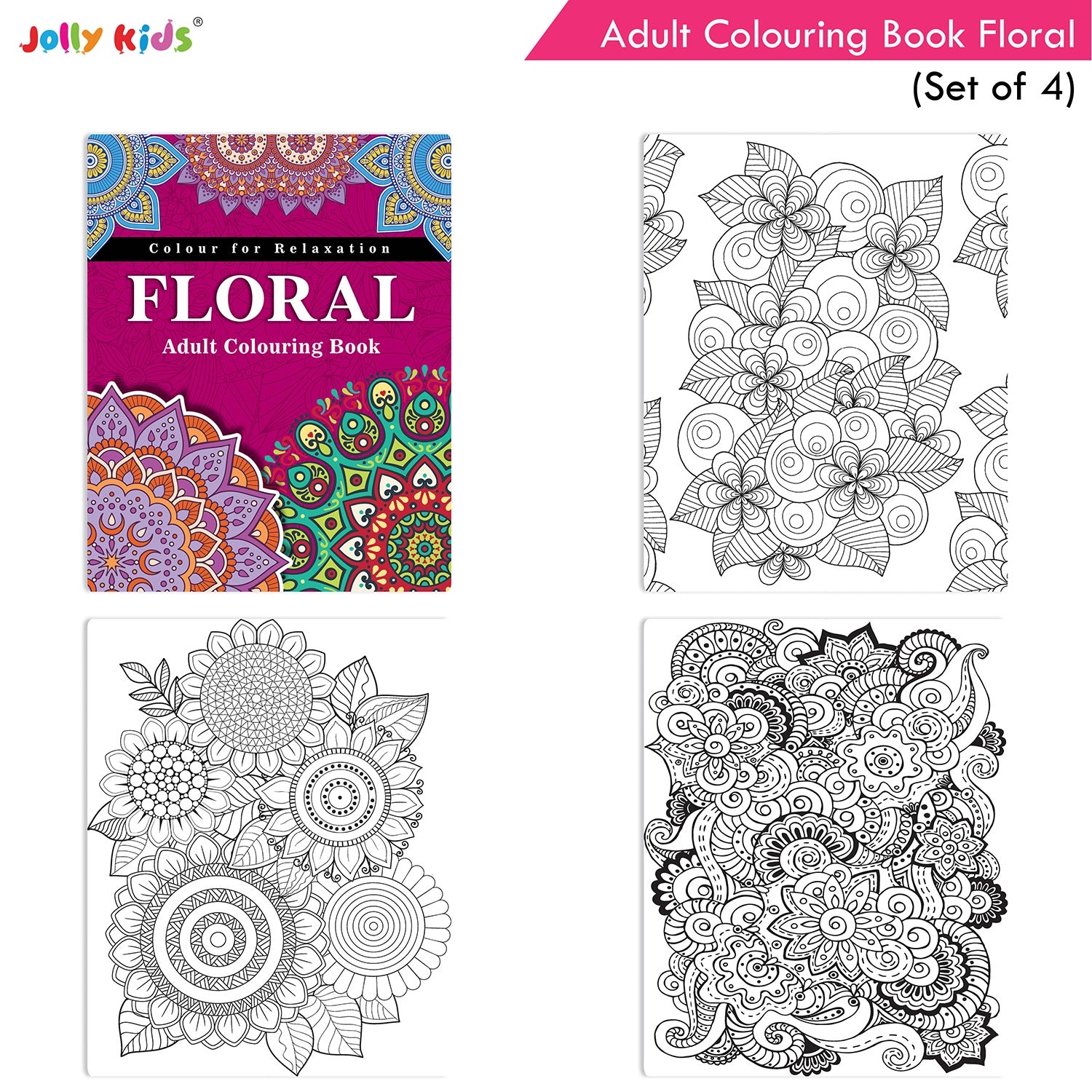 Jolly Kids Adult Colouring Books Set of 4|Adults Colouring Book: Stress Relieving Designs Floral, Animals, Birds & Motivational Quotes Colouring Books