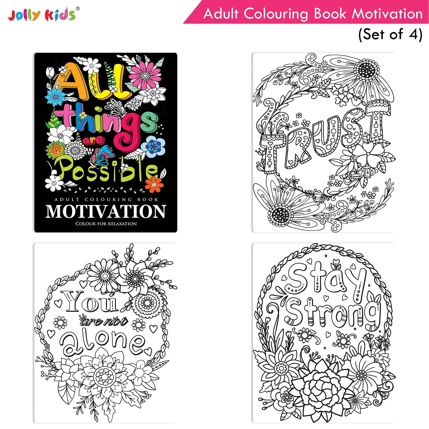 Jolly Kids Adult Colouring Books Set of 4|Adults Colouring Book: Stress Relieving Designs Floral, Animals, Birds & Motivational Quotes Colouring Books