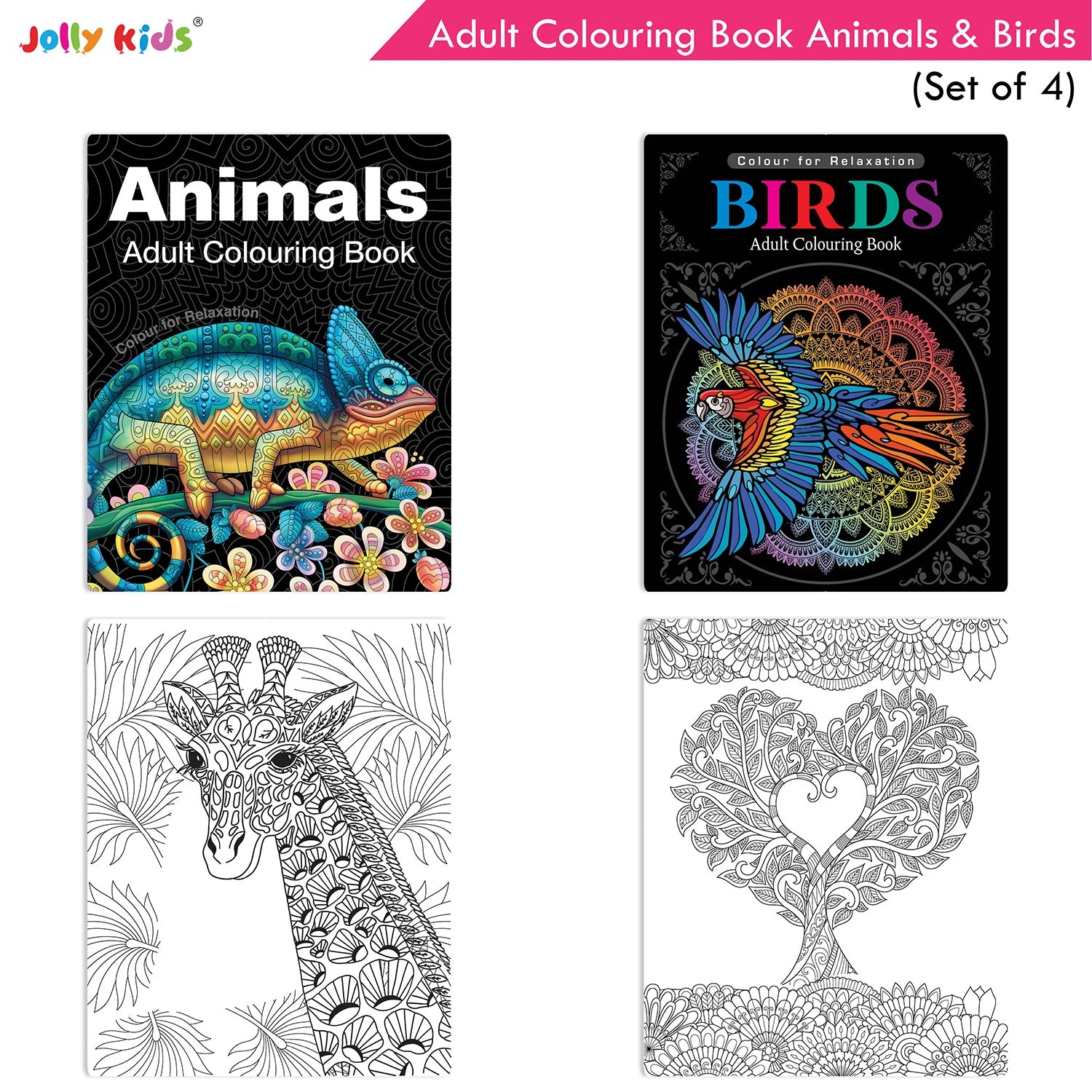 Jolly Kids Adult Colouring Books Set of 4|Adults Colouring Book: Stress Relieving Designs Floral, Animals, Birds & Motivational Quotes Colouring Books