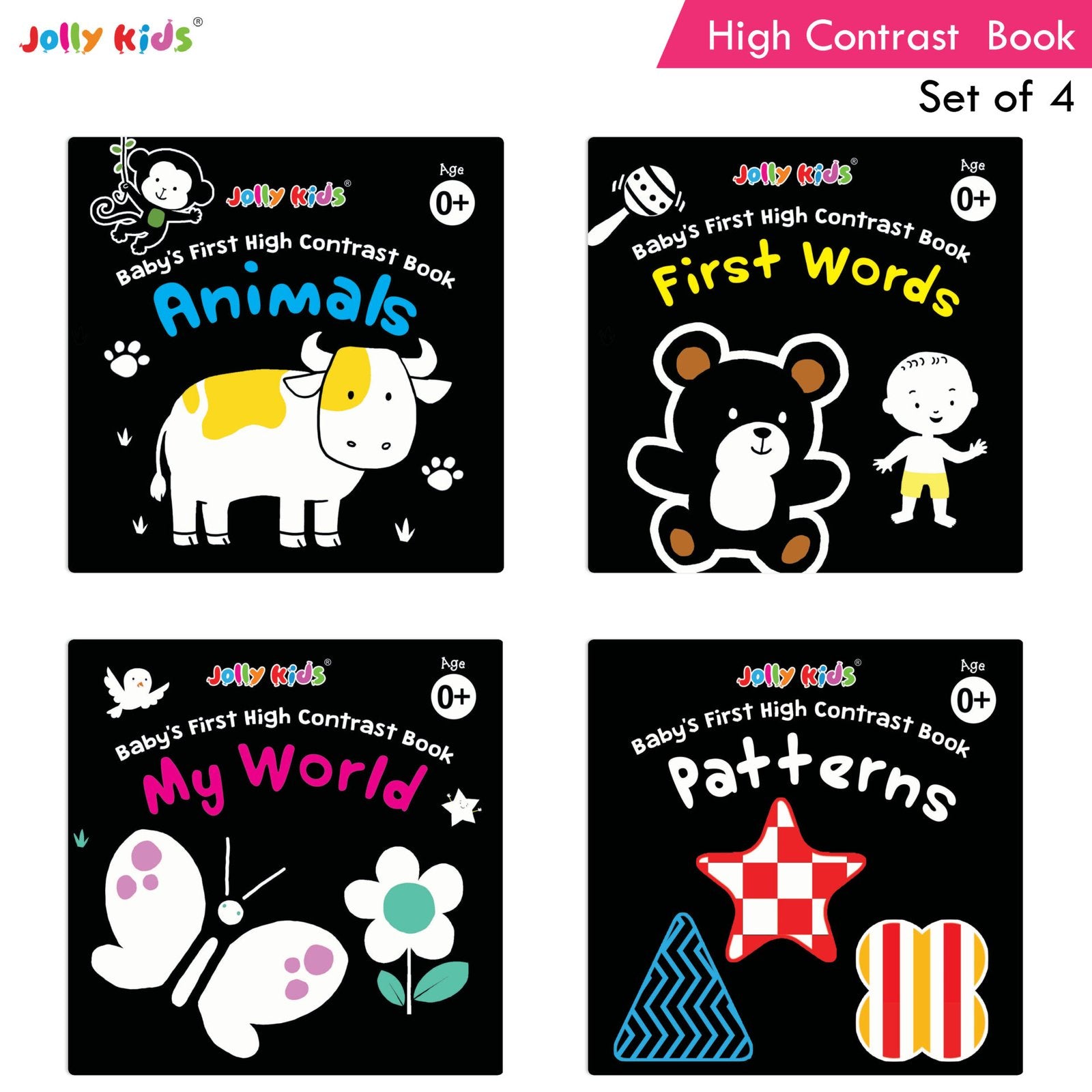 Jolly Kids Baby's First High Contrast Board Books (Set of 4)| Black and White Board Books For Kids Ages 0 - 3 Years - Distacart