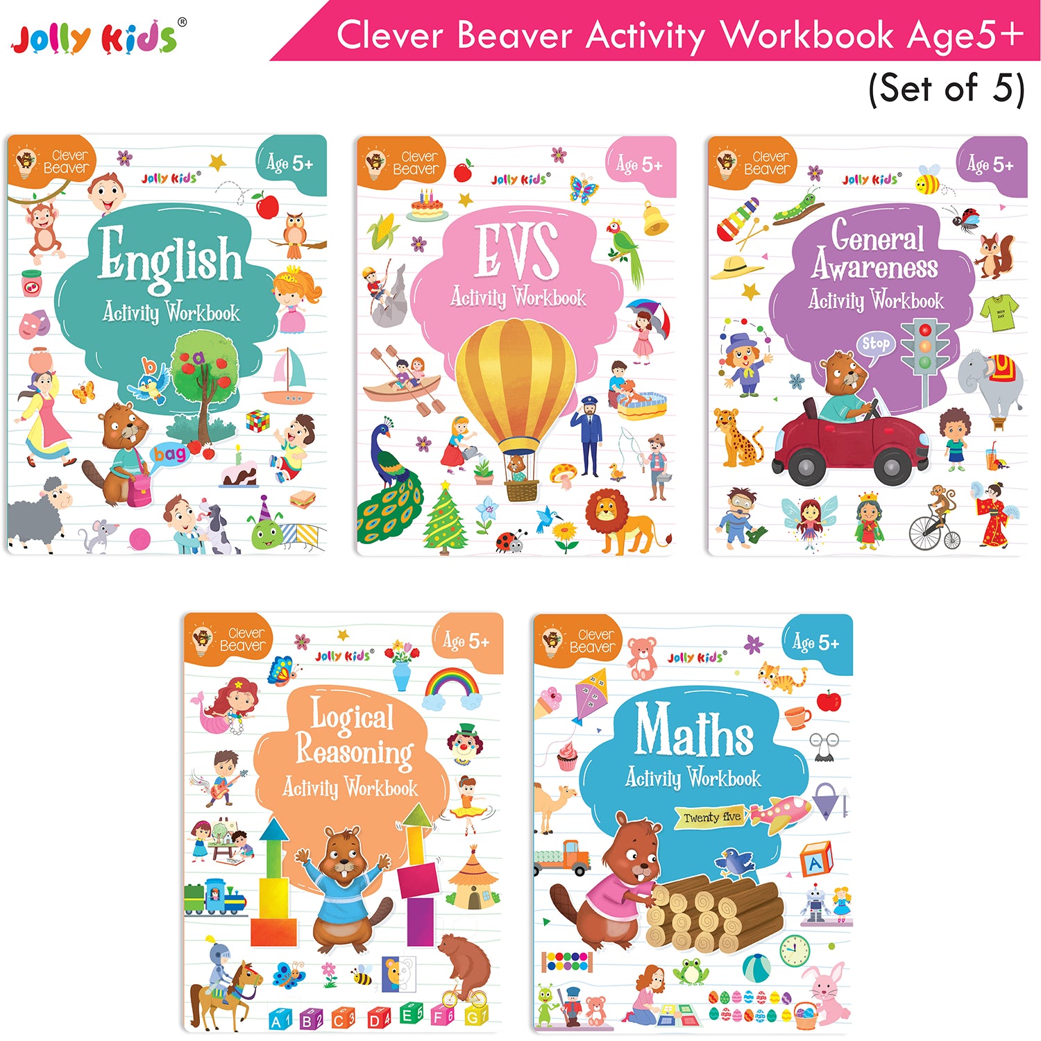 Jolly Kids Clever Beaver Ages 5-6 Years Fun Learning Activities Workbooks Set of 4| English-Maths-EVS-Good Habit-Logical Reasoning - Distacart