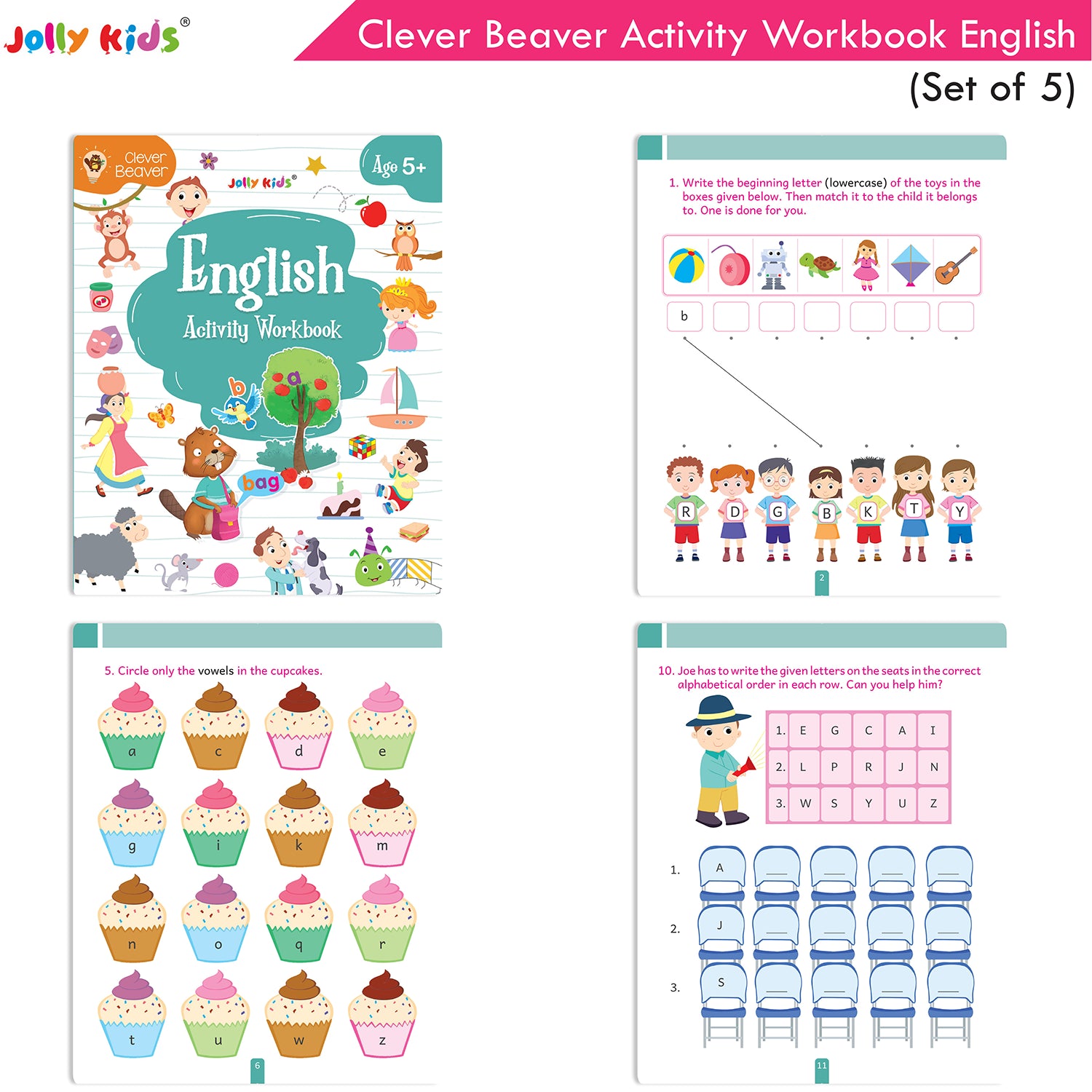 Jolly Kids Clever Beaver Ages 5-6 Years Fun Learning Activities Workbooks Set of 4| English-Maths-EVS-Good Habit-Logical Reasoning