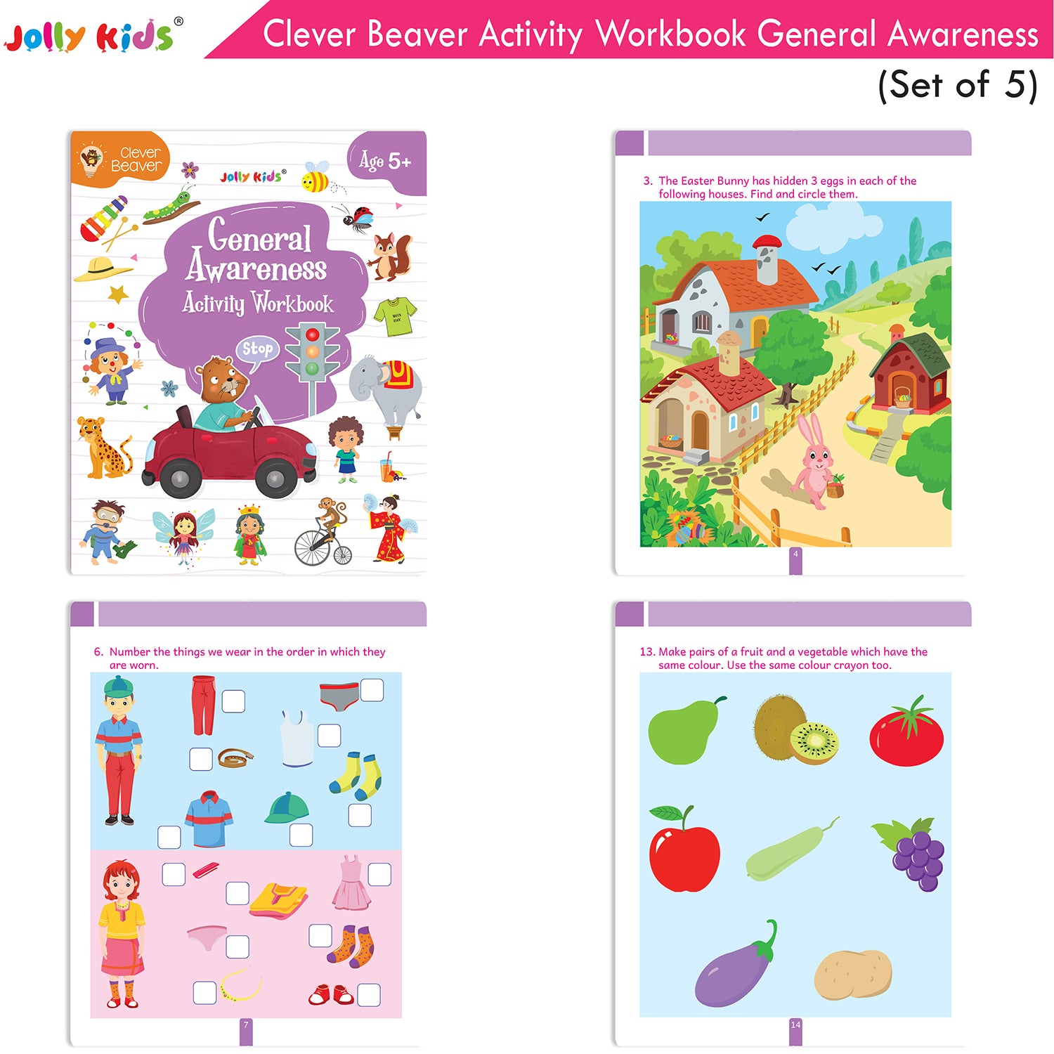 Jolly Kids Clever Beaver Ages 5-6 Years Fun Learning Activities Workbooks Set of 4| English-Maths-EVS-Good Habit-Logical Reasoning
