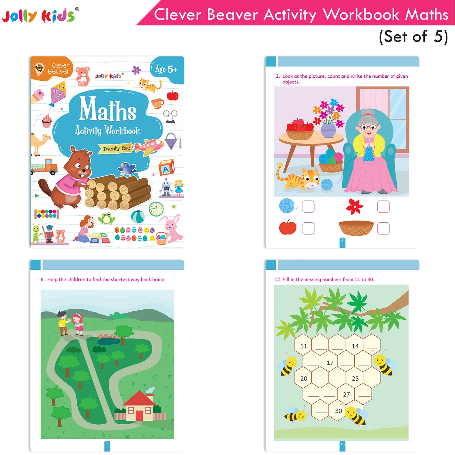 Jolly Kids Clever Beaver Ages 5-6 Years Fun Learning Activities Workbooks Set of 4| English-Maths-EVS-Good Habit-Logical Reasoning