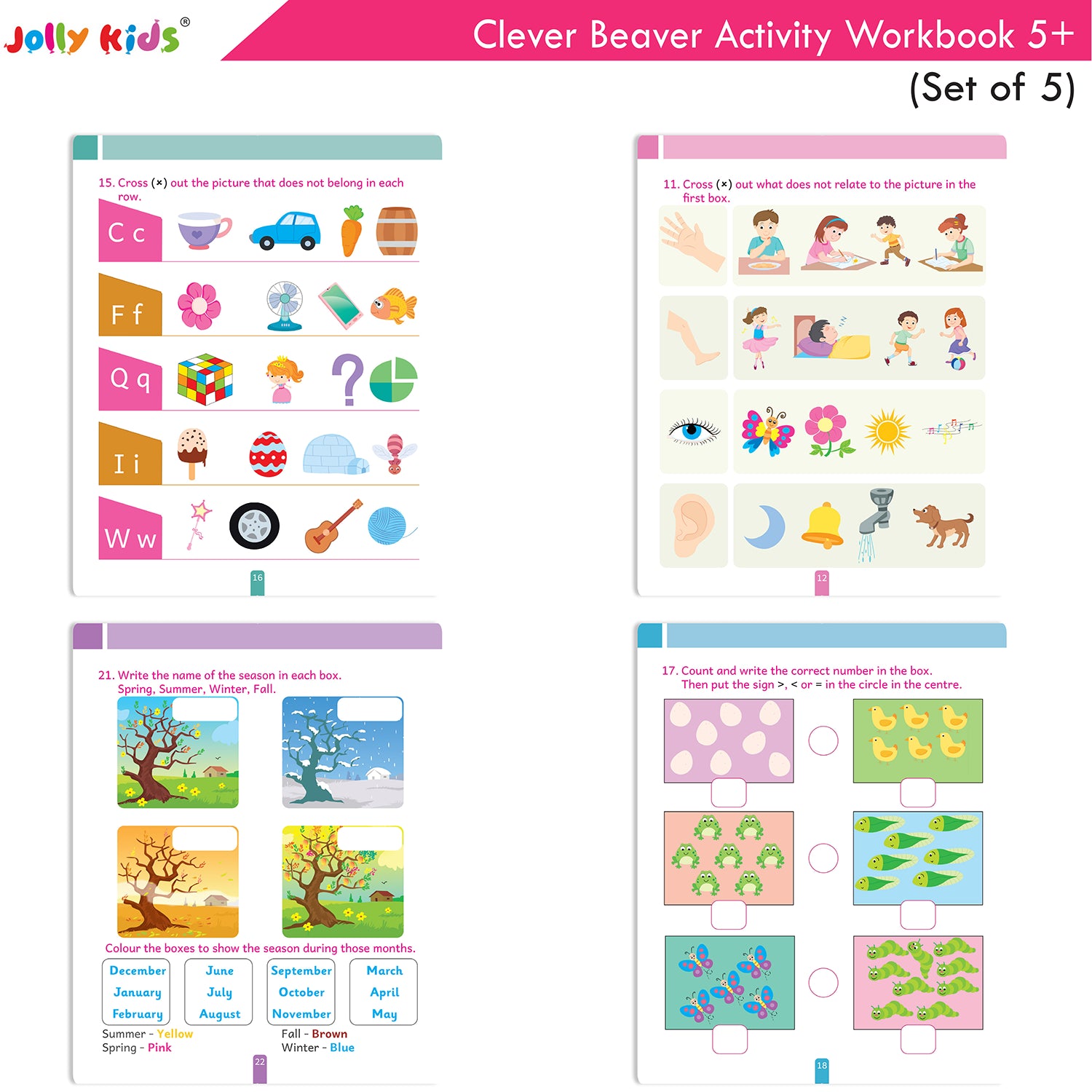 Jolly Kids Clever Beaver Ages 5-6 Years Fun Learning Activities Workbooks Set of 4| English-Maths-EVS-Good Habit-Logical Reasoning