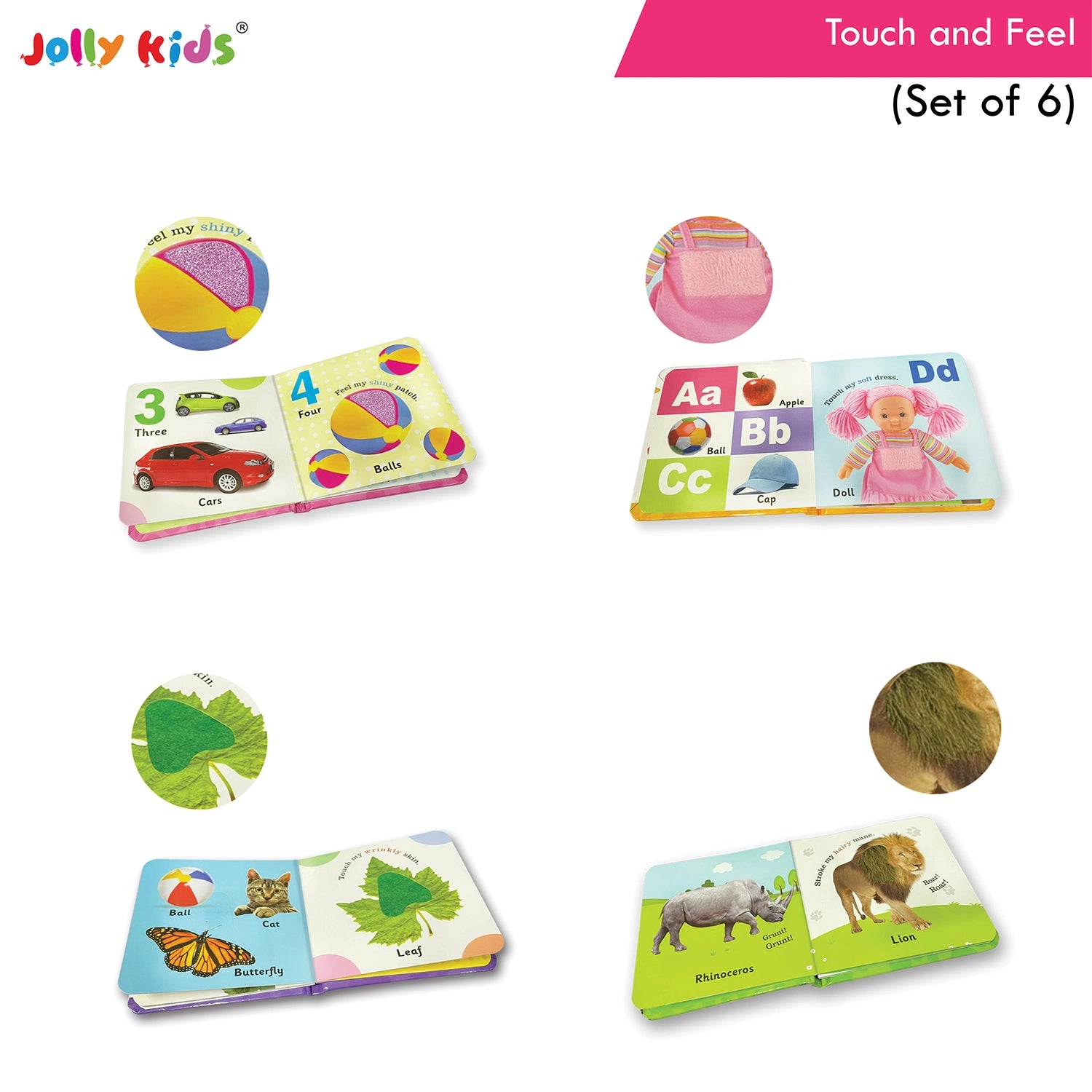 Jolly Kids Touch and Feel Picture Learning Sensory Development Padded Board Books Set of 6 for Infants, Toddlers Gift Ages 0-12 Months