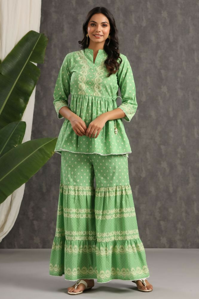 Juniper Green Ethnic Motif Printed Pure Cotton Tunic & Sharara With Sequins & Lace Detail - Distacart