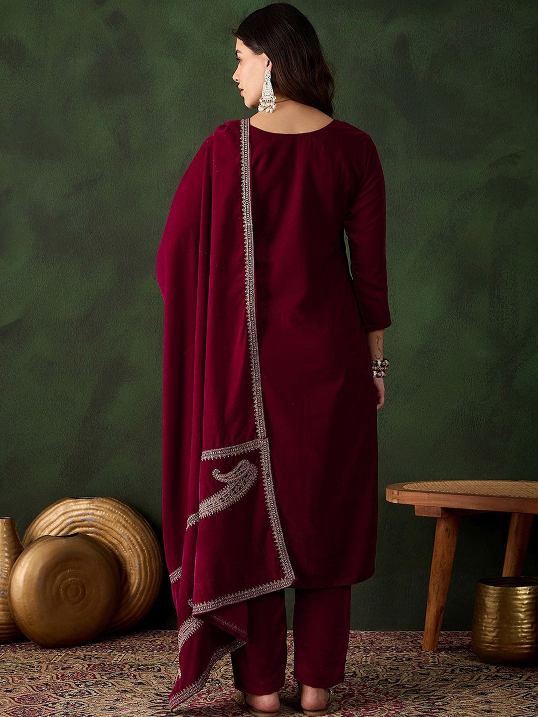 Sangria Floral Embroidered Straight Kurta & Trousers With Dupatta - Distacart